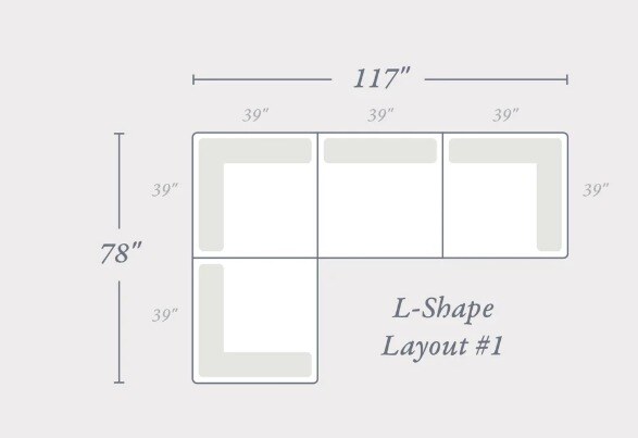 The Oakmere Corner floor plan: an L-shape 117 inches wide by 78 inches deep, built from four 39-inch square modules — three across the back and one forming the return