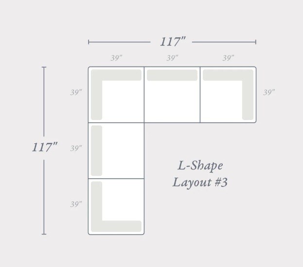 The Oakmere Grand Corner floor plan: a square L-shape 117 inches wide by 117 inches deep, built from five 39-inch square modules — three across the back and two forming the return