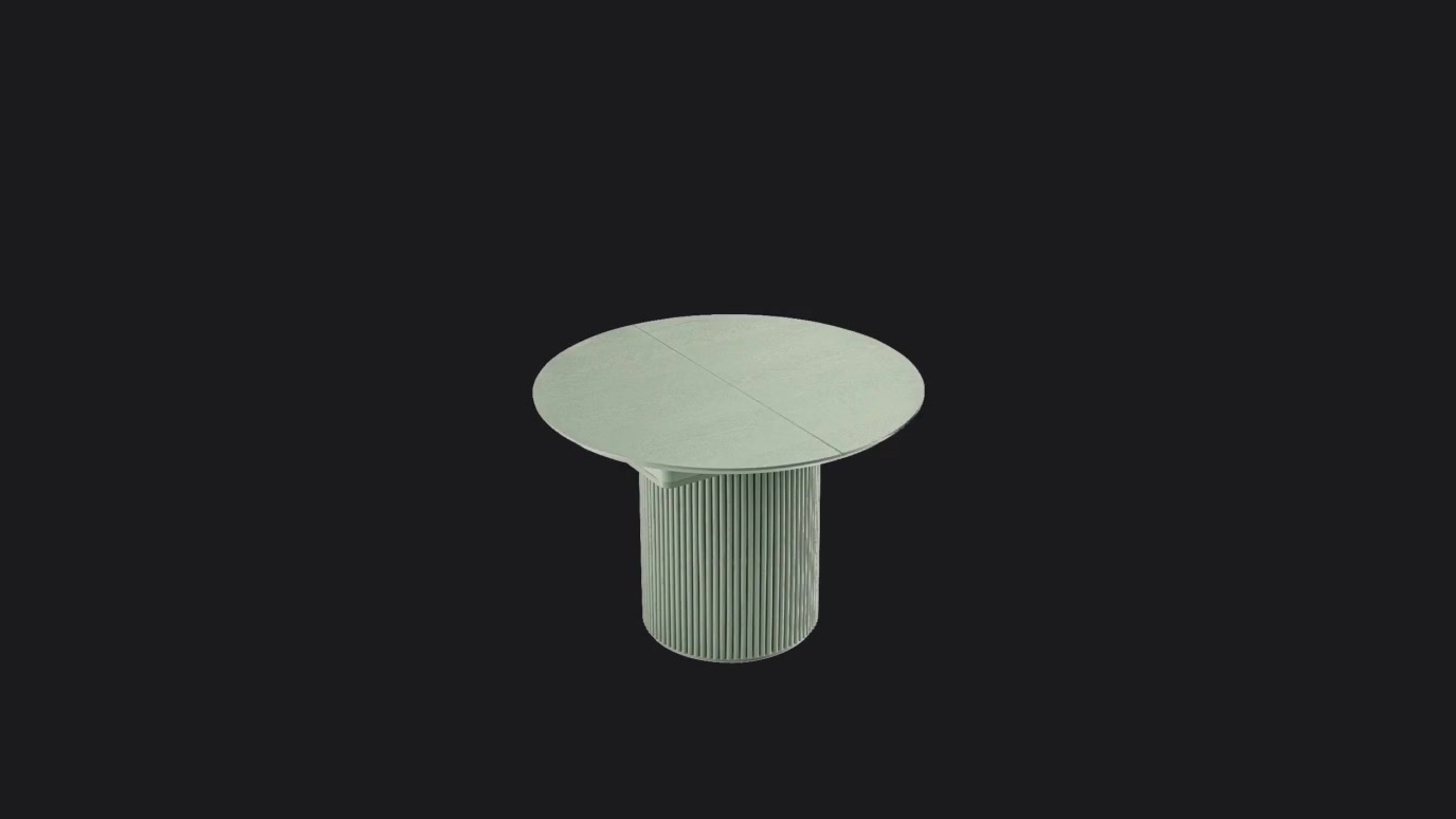 The Wrenbury extending dining table in sage green, shown against a charcoal background