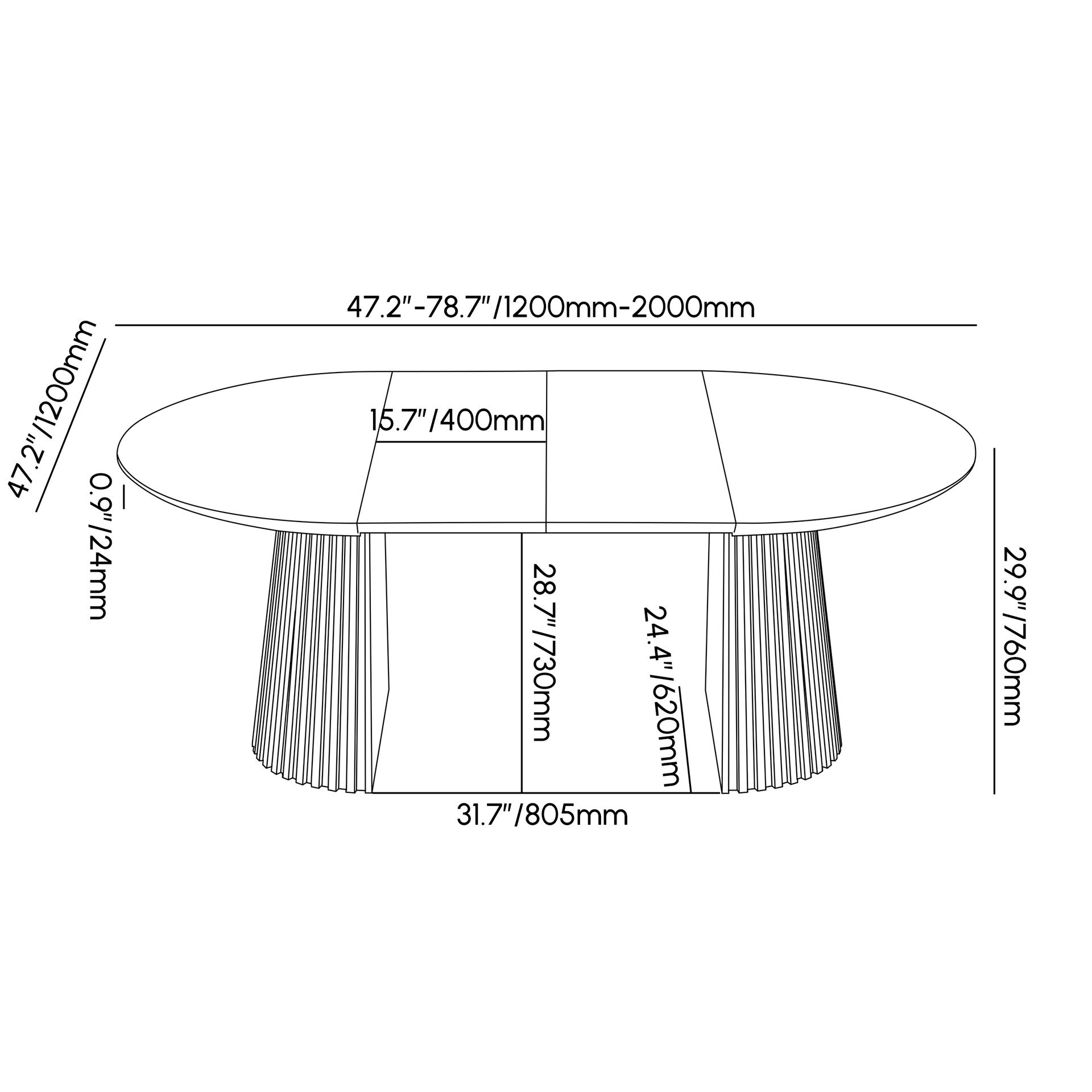 Dimension diagram for The Thornbury, showing 120cm closed and 200cm extended, 76cm high, with a 40cm leaf