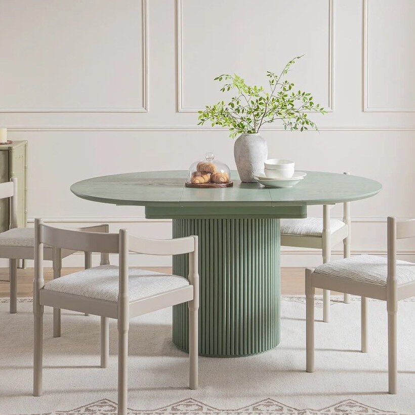 The Wrenbury in Sage Green, closed to a 110cm round table with four chairs