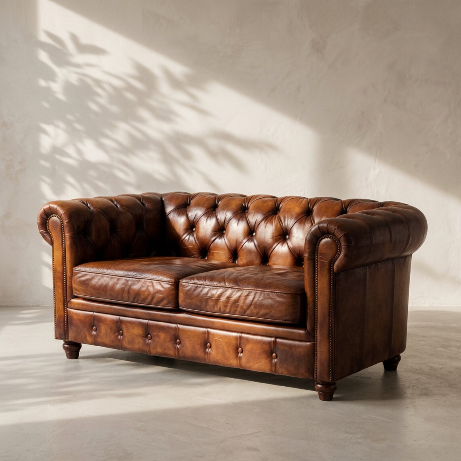 The Ashby 2-seater Chesterfield sofa in Aged Tan leather, a deep-buttoned leather loveseat
