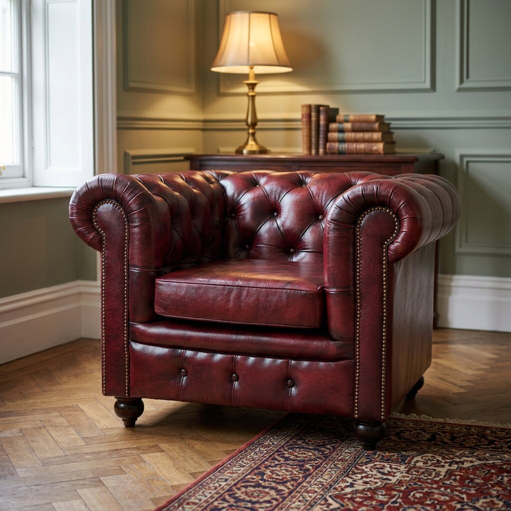 The Beaumont 1-seater Chesterfield armchair in Oxblood Red leather, with individual seat cushion, in a book-lined study