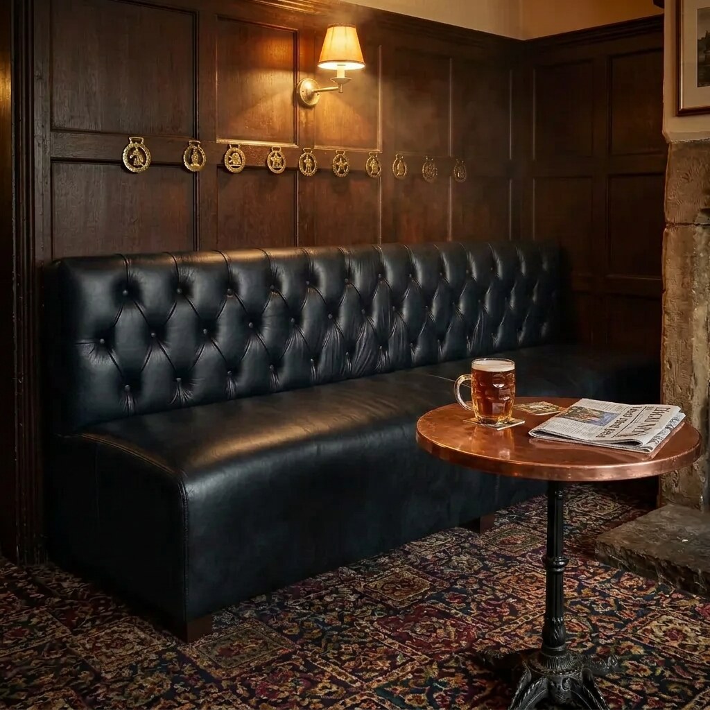 The Booth Bench 4-seater Chesterfield sofa in Black leather