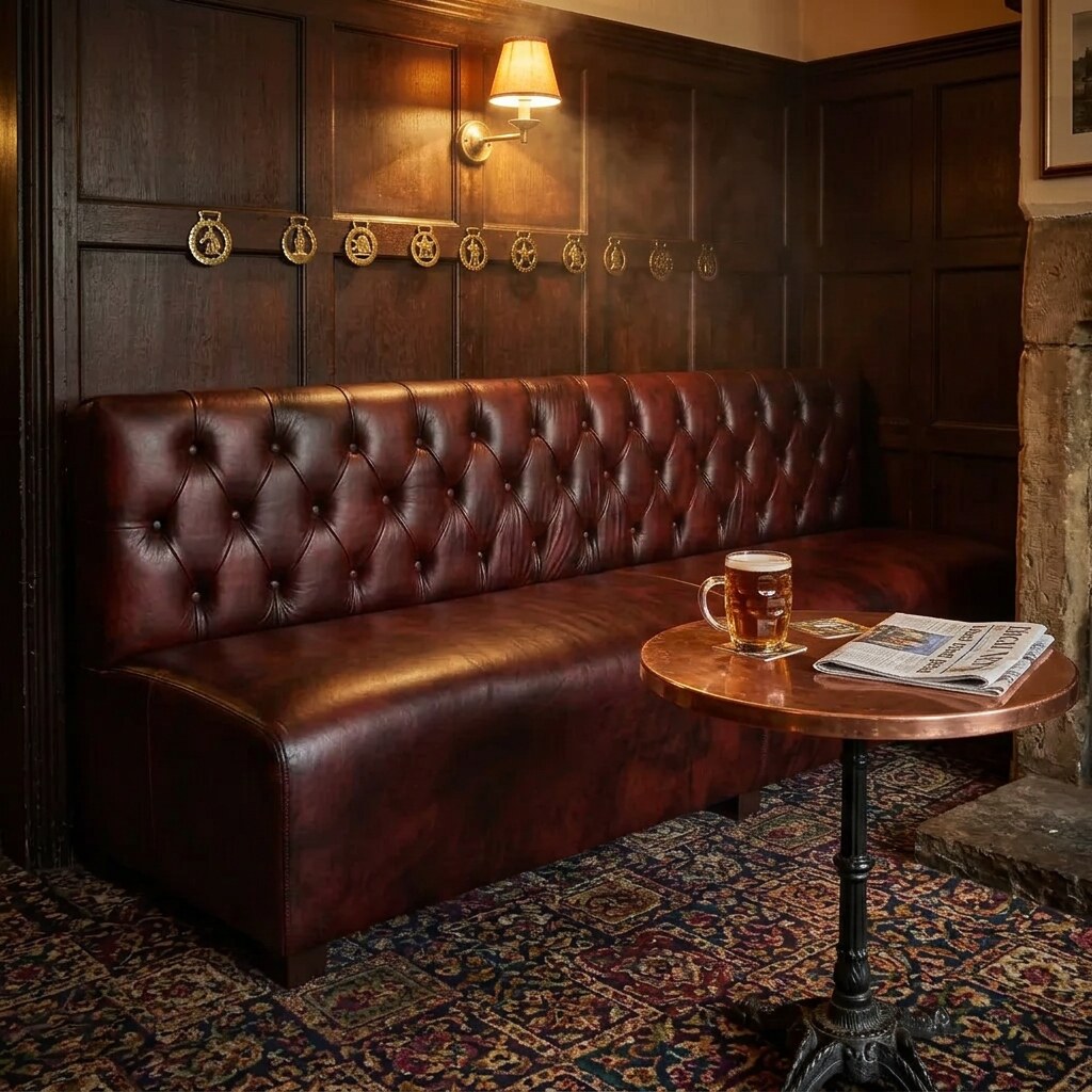 The Booth Bench, a 4-seater tufted leather Chesterfield booth seat in Oxblood Red, fitted into an alcove in a traditional British pub