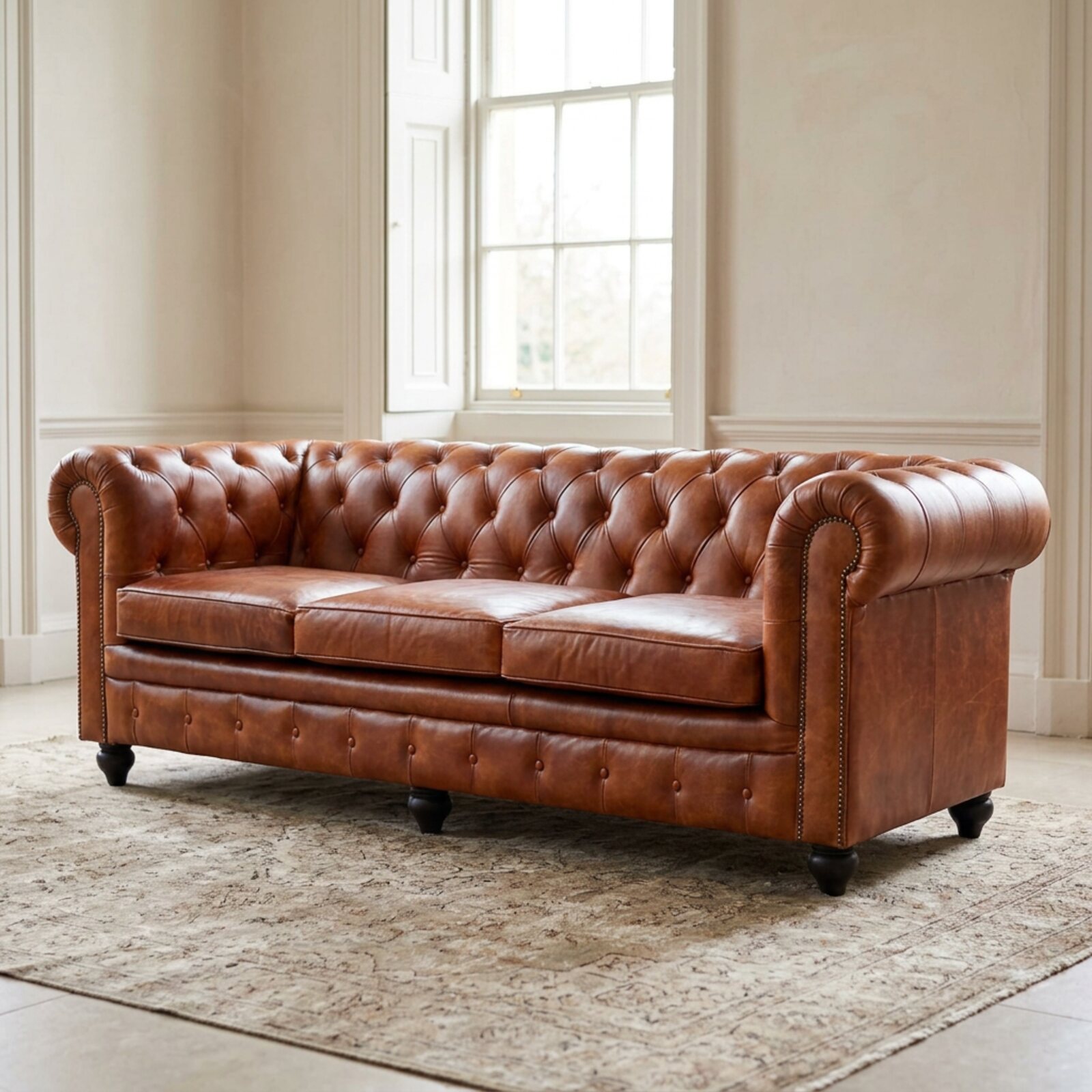 The Harrington 3-seater Chesterfield sofa in Laramie Brown leather, deep-buttoned with brass stud trim