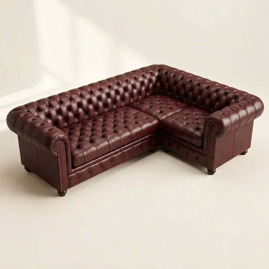 The Oakmere Corner with a Tufted Bench seat, in Oxblood Red leather, elevated view showing the full L-shaped footprint