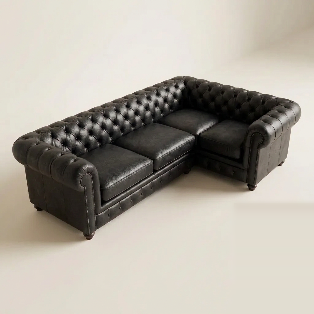 The Oakmere Corner 4-seater Chesterfield corner sofa in Black leather, elevated view showing the full L-shaped footprint