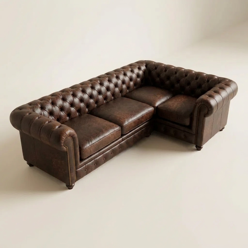 The Oakmere Corner 4-seater Chesterfield corner sofa in Dark Brown leather, elevated view showing the full L-shaped footprint
