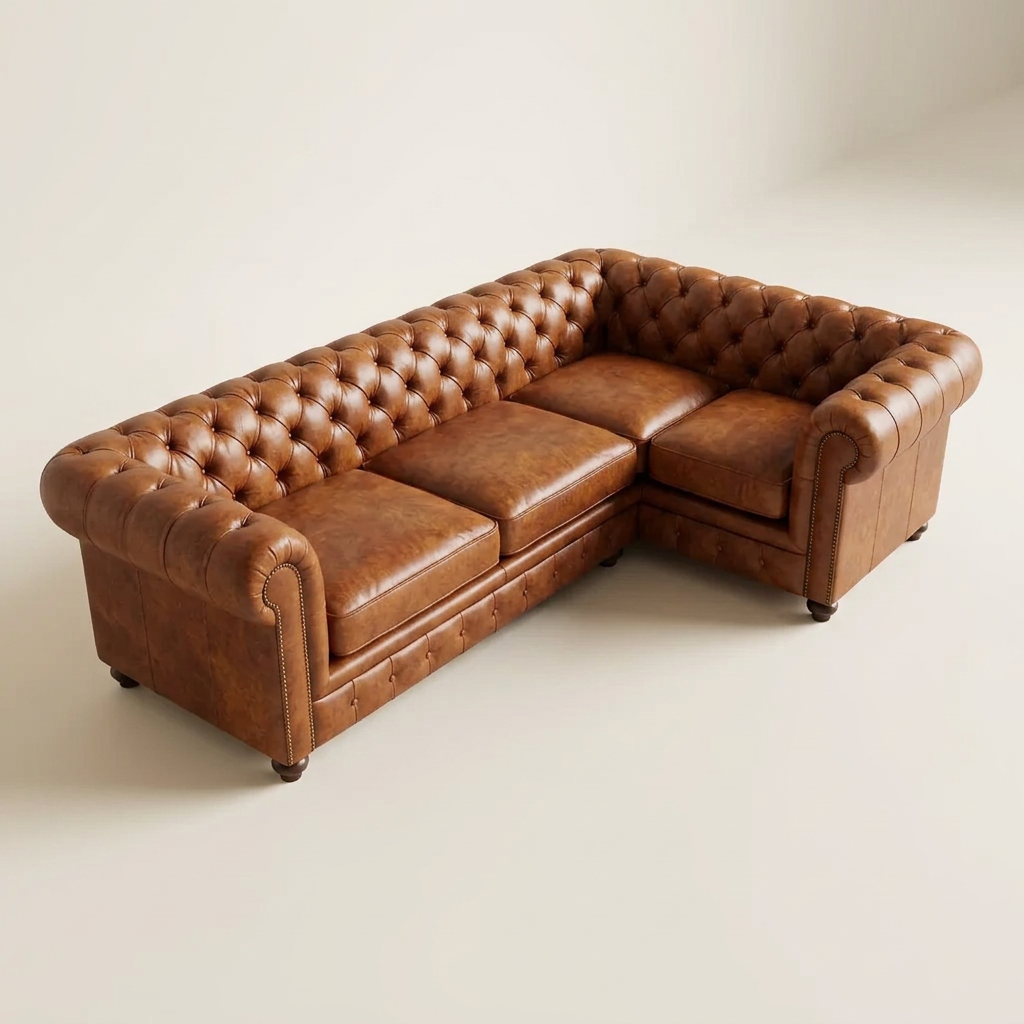 The Oakmere Corner 4-seater Chesterfield corner sofa in Laramie Brown leather, elevated view showing the full L-shaped footprint