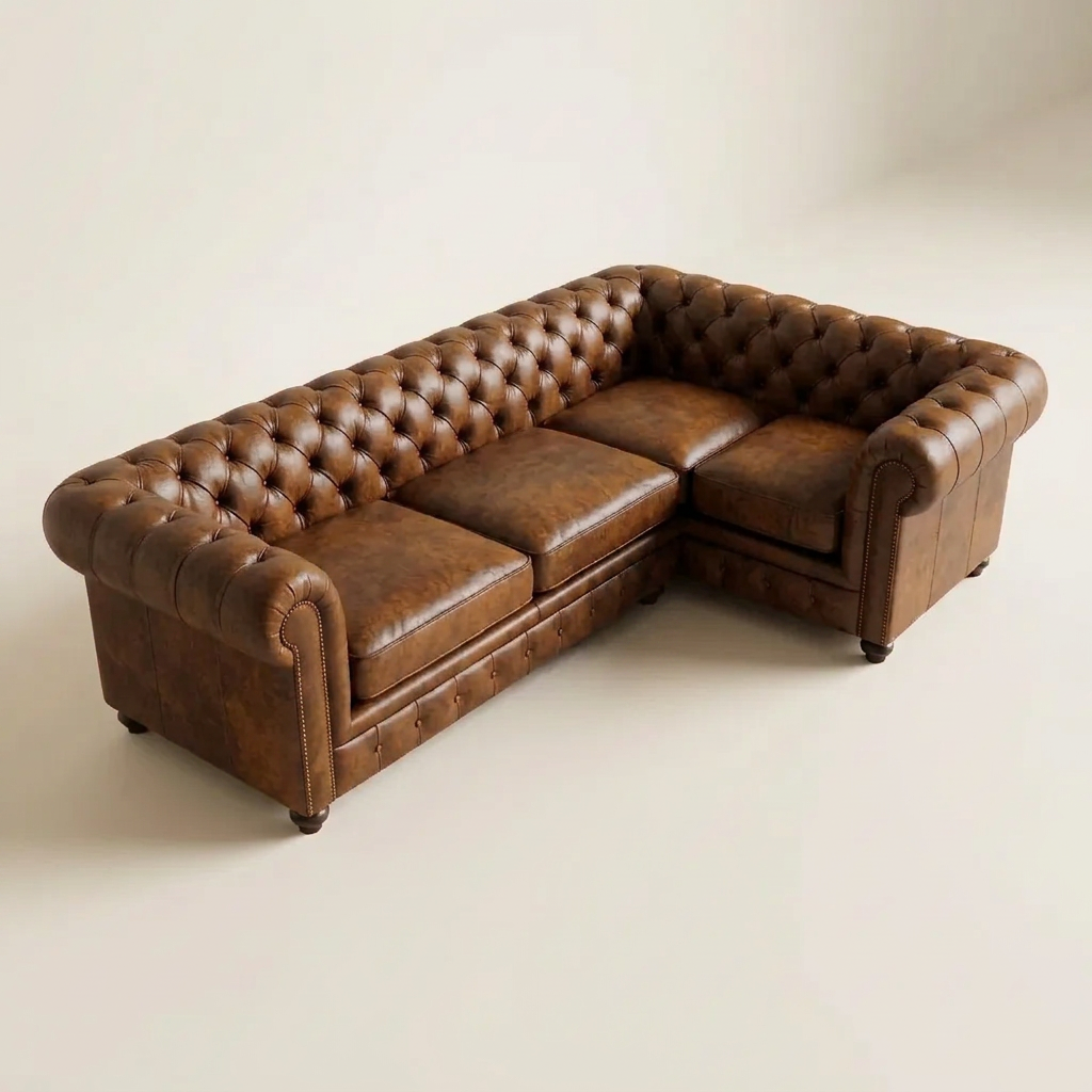 The Oakmere Corner 4-seater Chesterfield corner sofa in Aged Tan leather, elevated view showing the full L-shaped footprint
