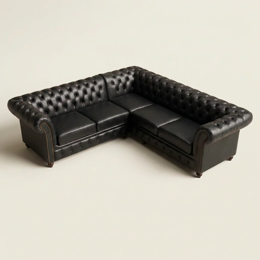 The Oakmere Grand Corner 5-seater square L-shaped Chesterfield corner sofa, in Black leather, elevated view showing the full square L-shaped footprint