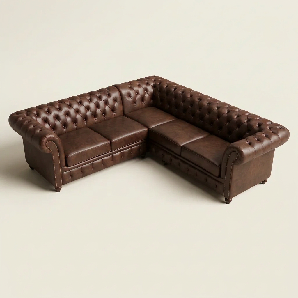 The Oakmere Grand Corner 5-seater square L-shaped Chesterfield corner sofa, in Dark Brown leather, elevated view showing the full square L-shaped footprint