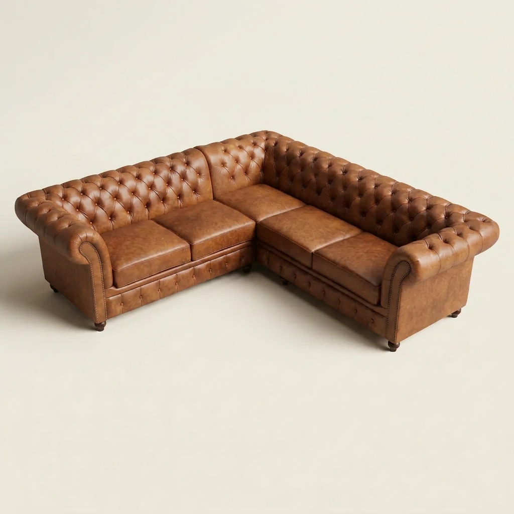 The Oakmere Grand Corner 5-seater square L-shaped Chesterfield corner sofa, in Laramie Brown leather, elevated view showing the full square L-shaped footprint