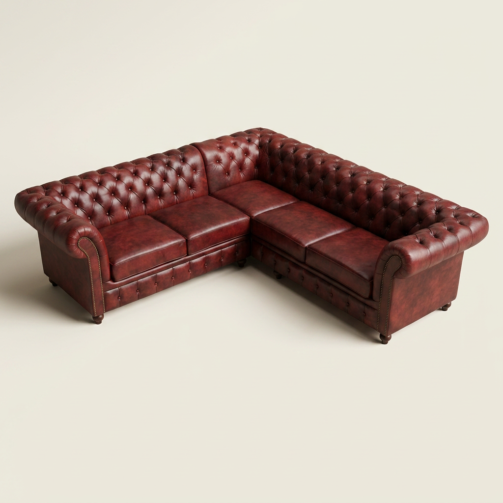 The Oakmere Grand Corner 5-seater square L-shaped Chesterfield corner sofa in Oxblood Red leather, deep-buttoned with brass stud trim and turned bun feet