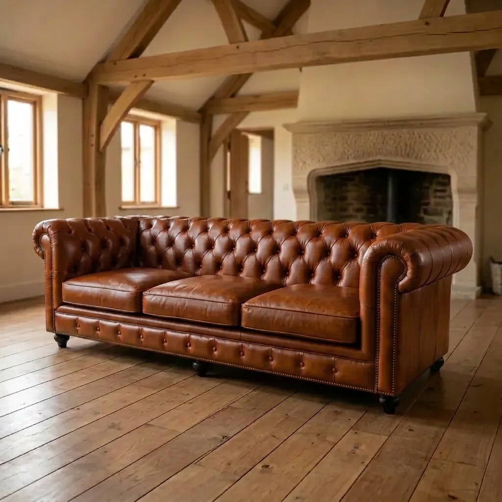 The Whitmore 4-seater Chesterfield sofa in Aged Tan leather, with individual seat cushions